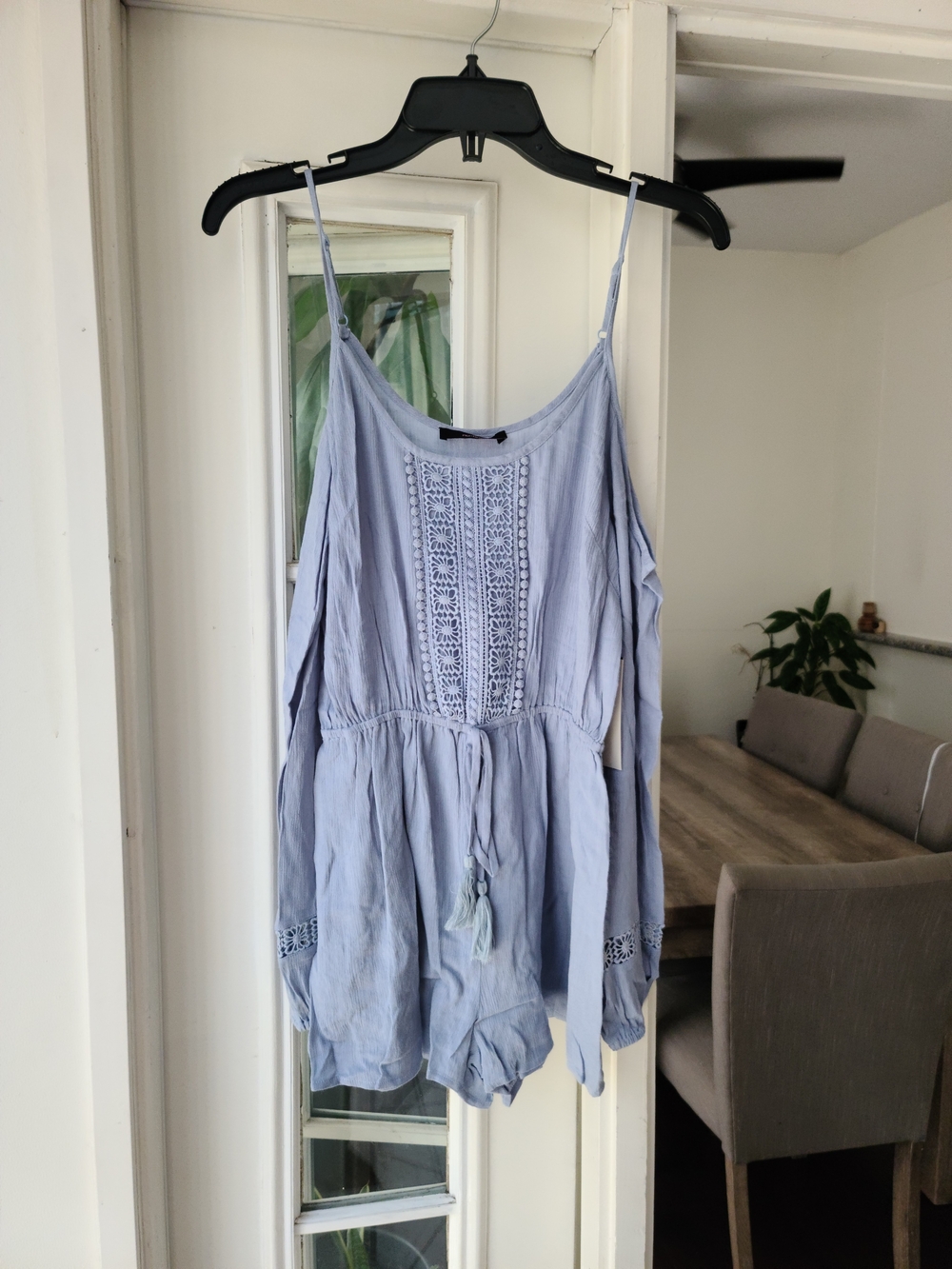 Light Blue Crochet-Trim Cold-Shoulder Romper